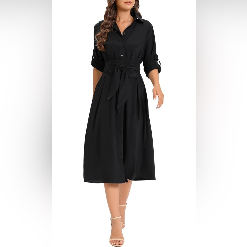 MANAIXUAN Women's Casual Flowy Tie Waist Button Down Long